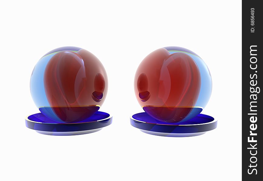 Two enamoured hearts in glass spheres. Two enamoured hearts in glass spheres
