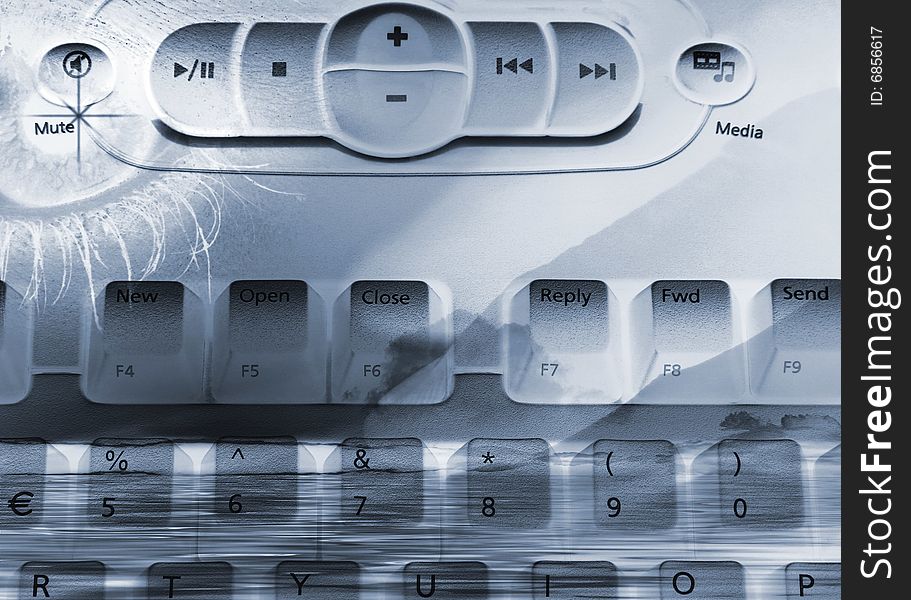Media computer keyboard overlaid with eye abstract. Media computer keyboard overlaid with eye abstract