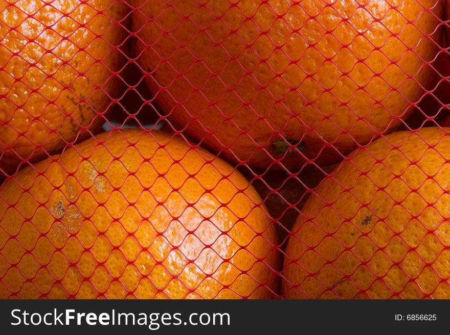 Few oranges in the red net. Few oranges in the red net