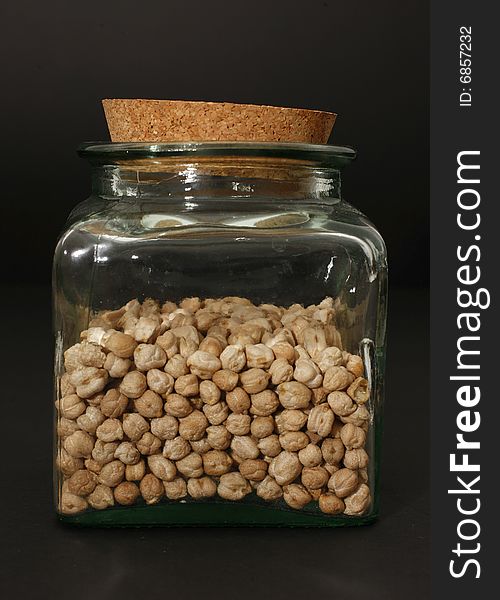 Display of chickpeas in transparent glass jar