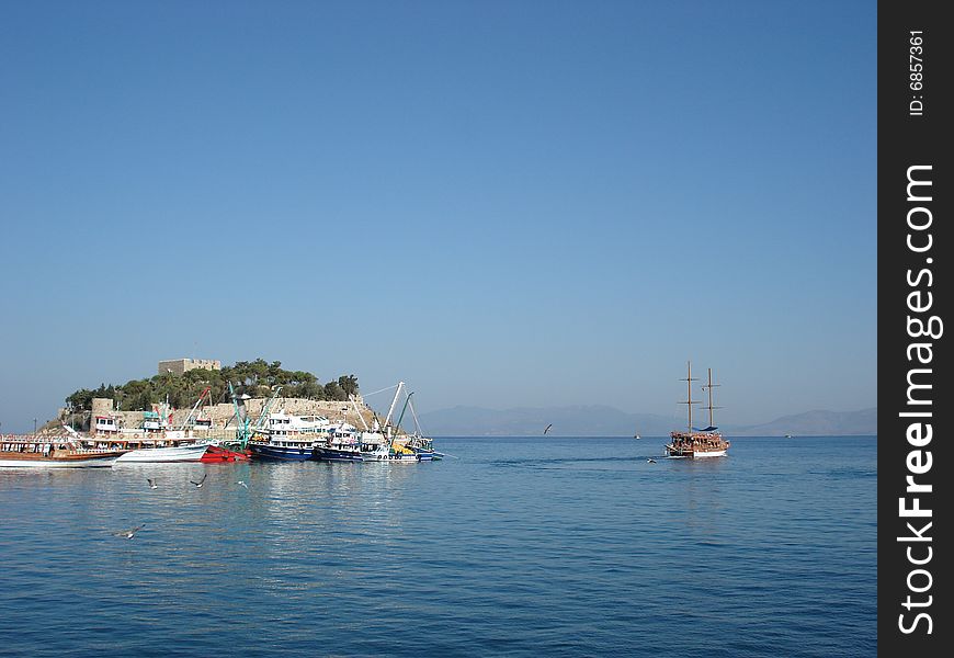 A boat sailing out on a sail in the Mediterranean coast of Turkey on a perfect summer day