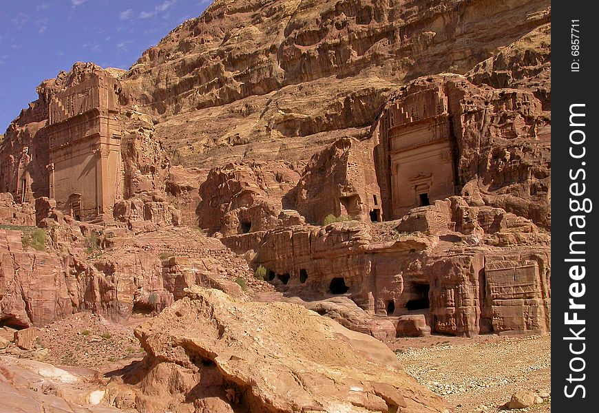 Ancient structures beyond the Treasury at Petra, Jordan.