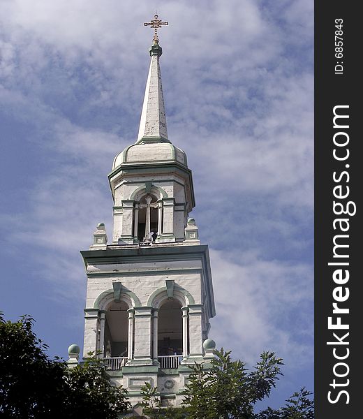 Pretty white steeple on a church in Granby, Quebec. Pretty white steeple on a church in Granby, Quebec.