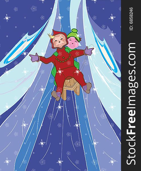 Vector illustration, winter, children, sledge