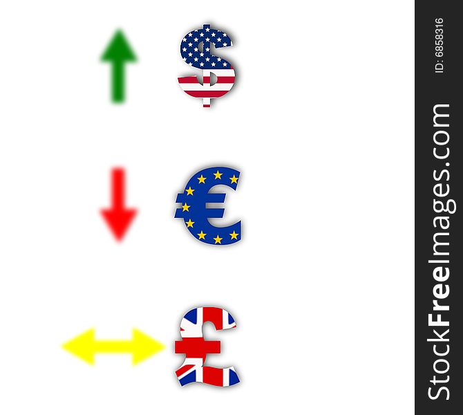 Moneys and flags in the global market of united states of america, great britain and europe