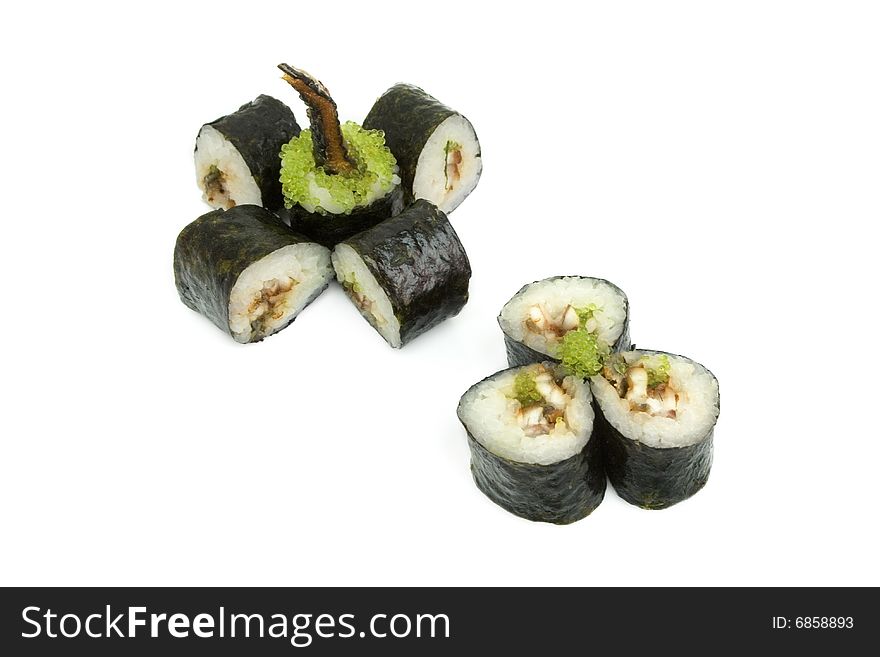 Sushi rolls are isolated on the white background