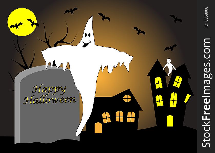 A halloween vector illustration with a haunted house and ghosts