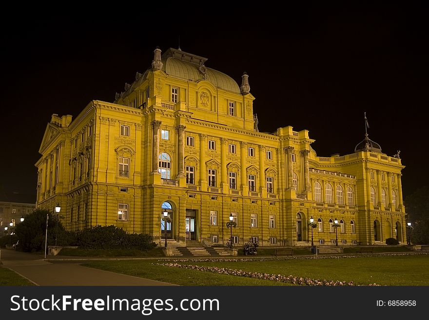 Croatian National Theatre in Zagreb by night. The building has been built in 1895 by famous Vienese architects Ferdinand Fellner and Hermann Helmer. They specialized in the design and construction of theatre buildings and participated in the construction of 48 theatres throughout Europe. Most of these theatres are still in use today. Croatian National Theatre in Zagreb by night. The building has been built in 1895 by famous Vienese architects Ferdinand Fellner and Hermann Helmer. They specialized in the design and construction of theatre buildings and participated in the construction of 48 theatres throughout Europe. Most of these theatres are still in use today.