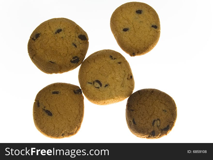 Isolated choc chip biscuits on a white background. Isolated choc chip biscuits on a white background.