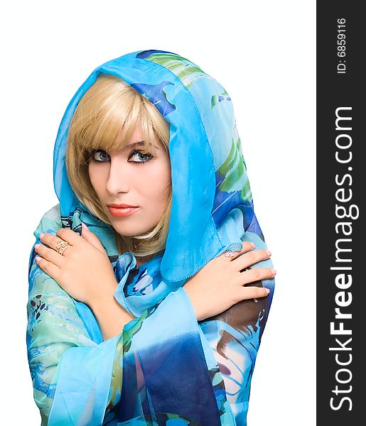 Blonde girl in blue fabric isolated on white