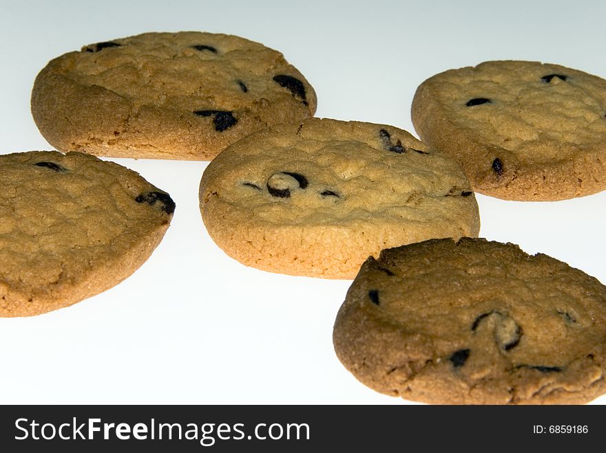 Isolated choc chip biscuits on a white background. Isolated choc chip biscuits on a white background.