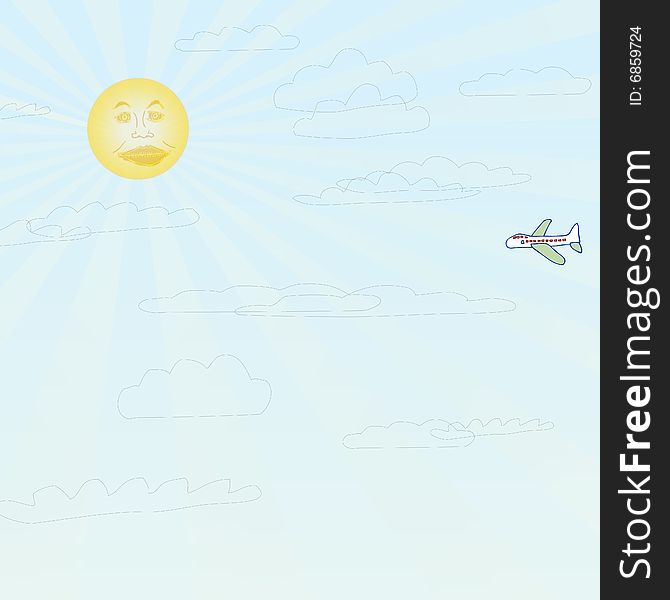 A fully scalable vector illustration of a plane taking flight, with sun and cloud background. Jpeg & Illustrator AI file formats available.