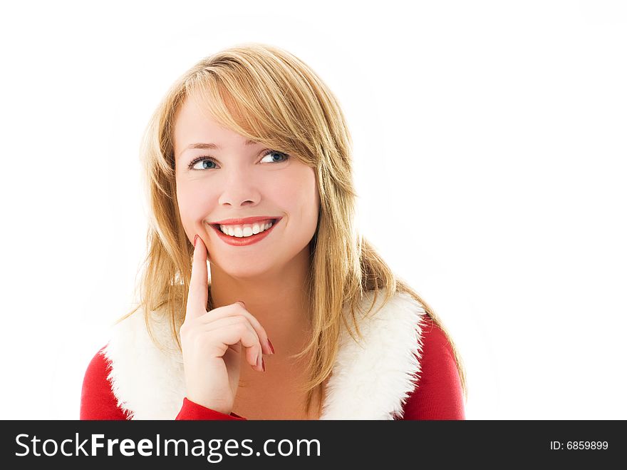 Beautiful thoughtful girl dressed as Santa