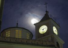 The Bell Tower , The Moon And The Night Stock Photo