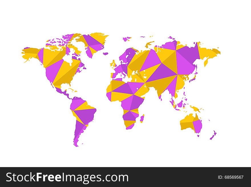 Violet and yellow triangulated world map isolated on white. Violet and yellow triangulated world map isolated on white