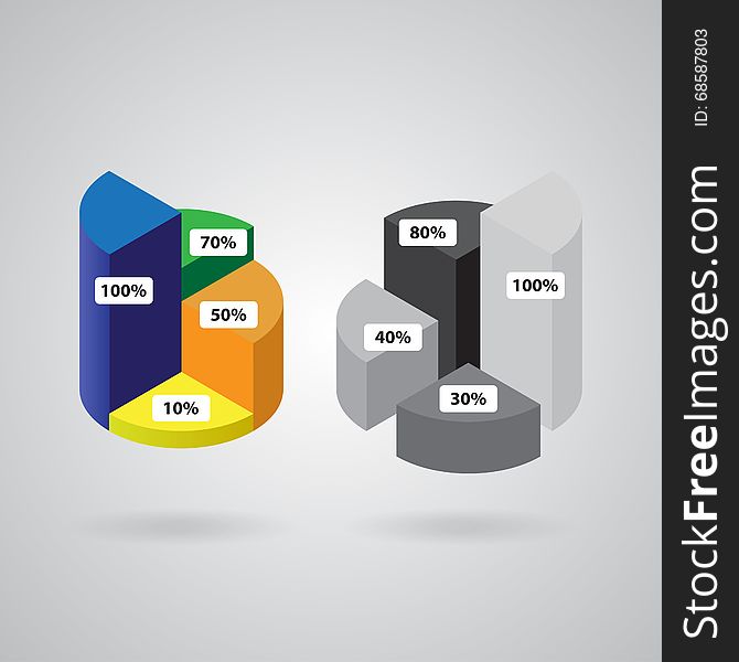 Pie chart with four columns in two versions - color and grayscale