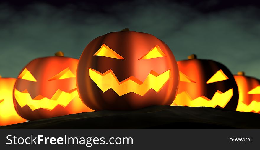 Five glowing Pumpkins. 3d rendering. Five glowing Pumpkins. 3d rendering.