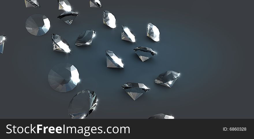 Assorted diamonds on a dark background. 3D render with HDRI lighting and raytraced textures.