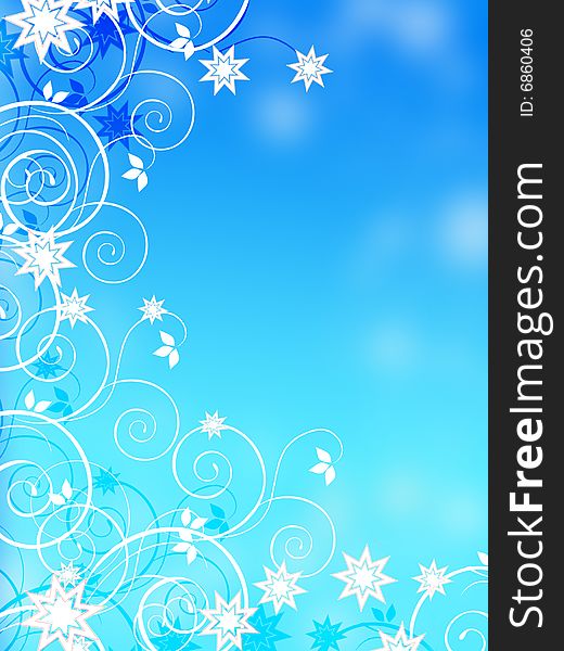 Christmas background on blue with swirls and stars