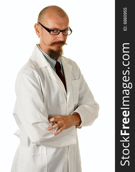 Portrait of an experienced male doctor, studio shot, isolated over white. Portrait of an experienced male doctor, studio shot, isolated over white