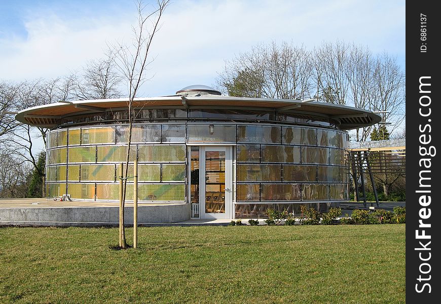 Modern round building in a park