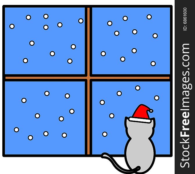 An illustration of a cat watching snow. An illustration of a cat watching snow