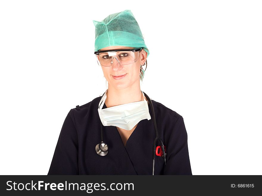 Young Caucasian female health care professional with protective clothing and a stethoscope. Young Caucasian female health care professional with protective clothing and a stethoscope