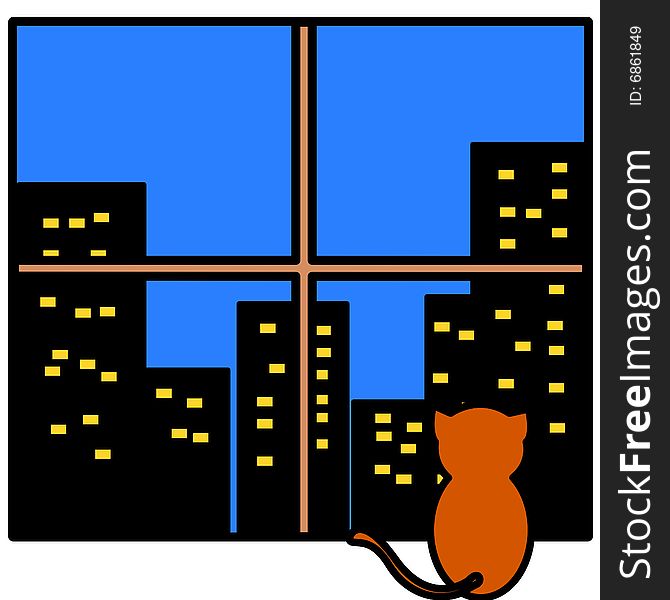 An illustration of a cat watching the city. An illustration of a cat watching the city