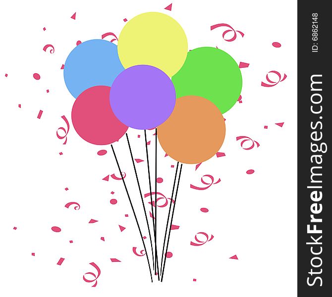 Colorful party balloons with strings and confetti illustration. Colorful party balloons with strings and confetti illustration