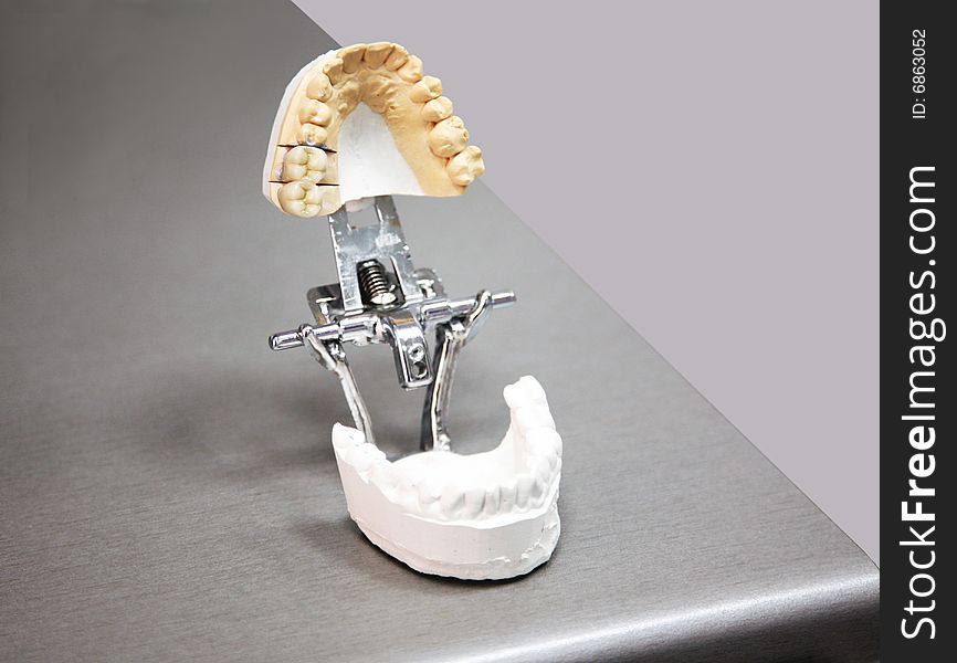 The model of tooth artificial limbs on the special tool costs on a table. The model of tooth artificial limbs on the special tool costs on a table