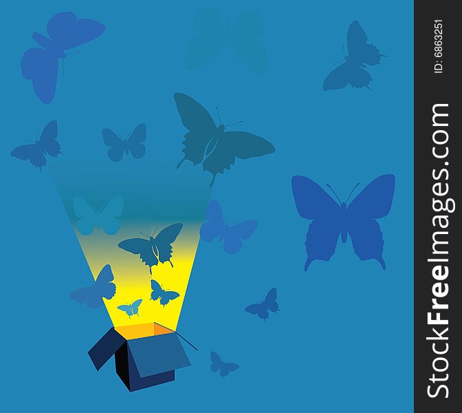 Blue illustration with open box and butterflies. Blue illustration with open box and butterflies