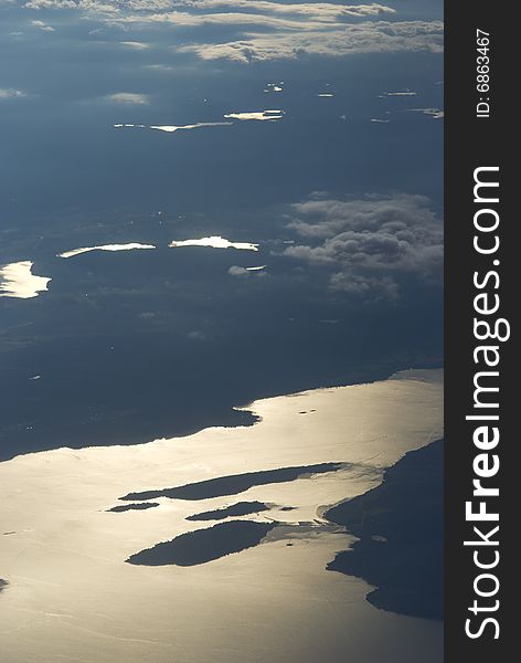 Aerial photo of coastal landscape during sunset