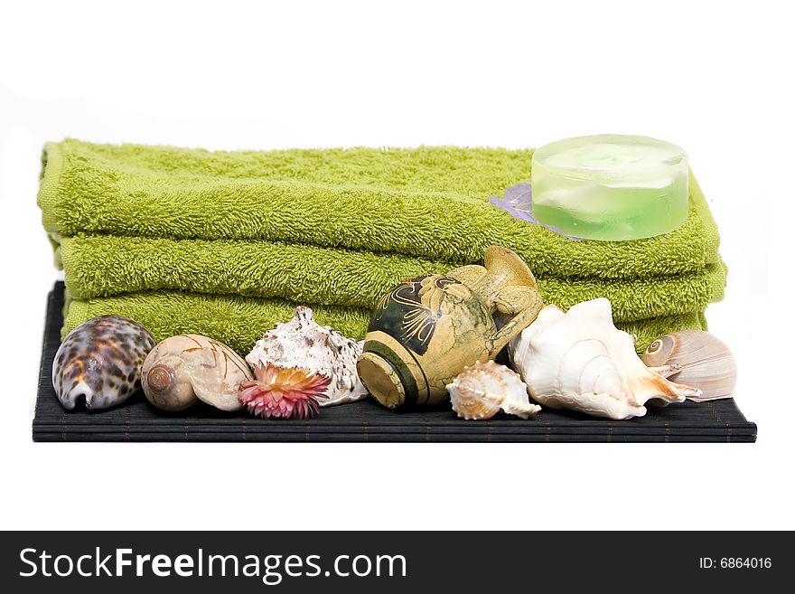 Isolated Towels, Soap And Shells With Ancient Jug