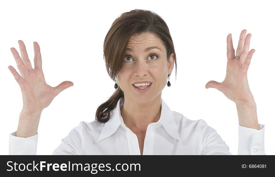 Portrait on white background of a forty years old woman in studio. Portrait on white background of a forty years old woman in studio