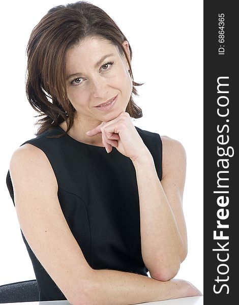 Portrait on white background of a forty years old woman in studio. Portrait on white background of a forty years old woman in studio