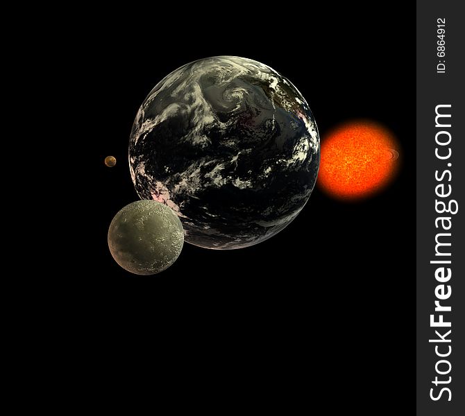 Solar system. focus on: Moon Earth Sun With Clipping Path. Solar system. focus on: Moon Earth Sun With Clipping Path