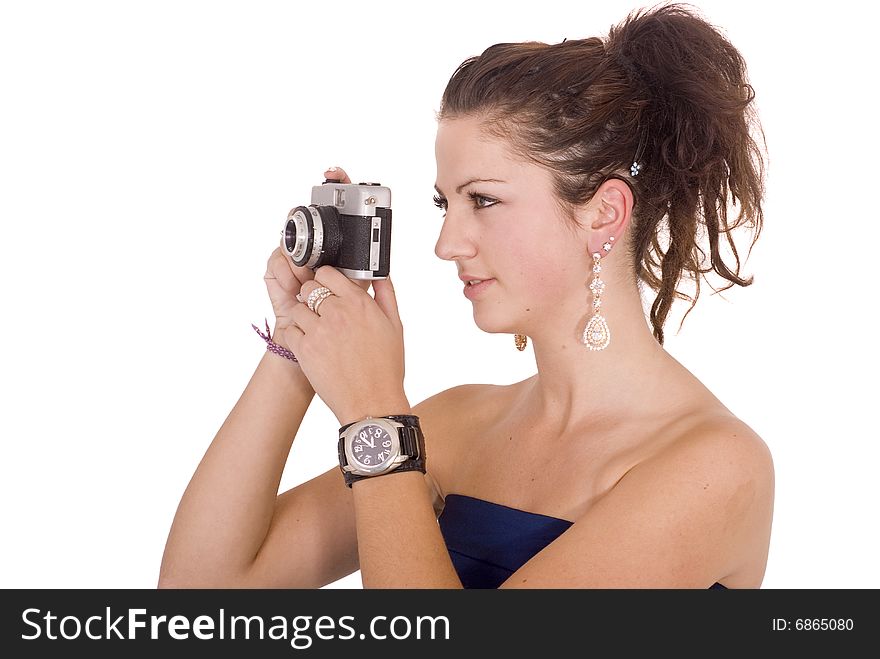 An young lady with old camera. An young lady with old camera