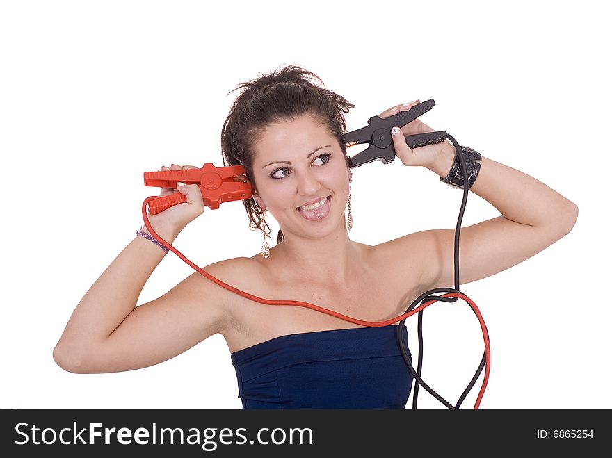 Young female fun with electric wires