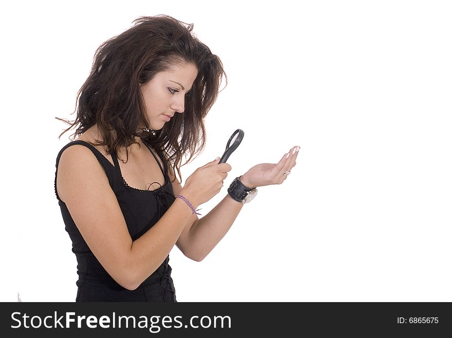 Young girl with magnifier in hand. Young girl with magnifier in hand