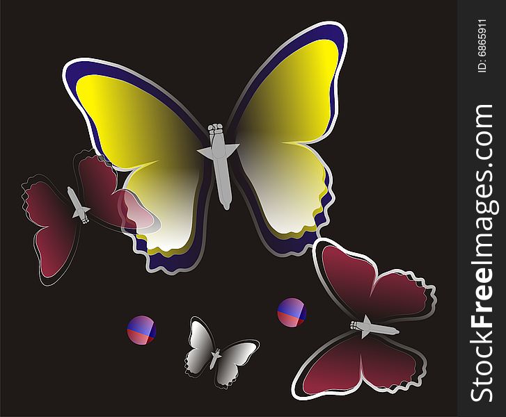 Picture with the image of abstract butterflies on a black background.