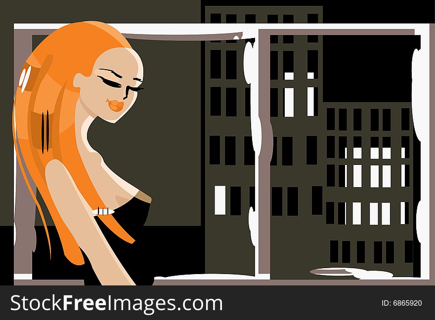 Vector image of alone woman near window