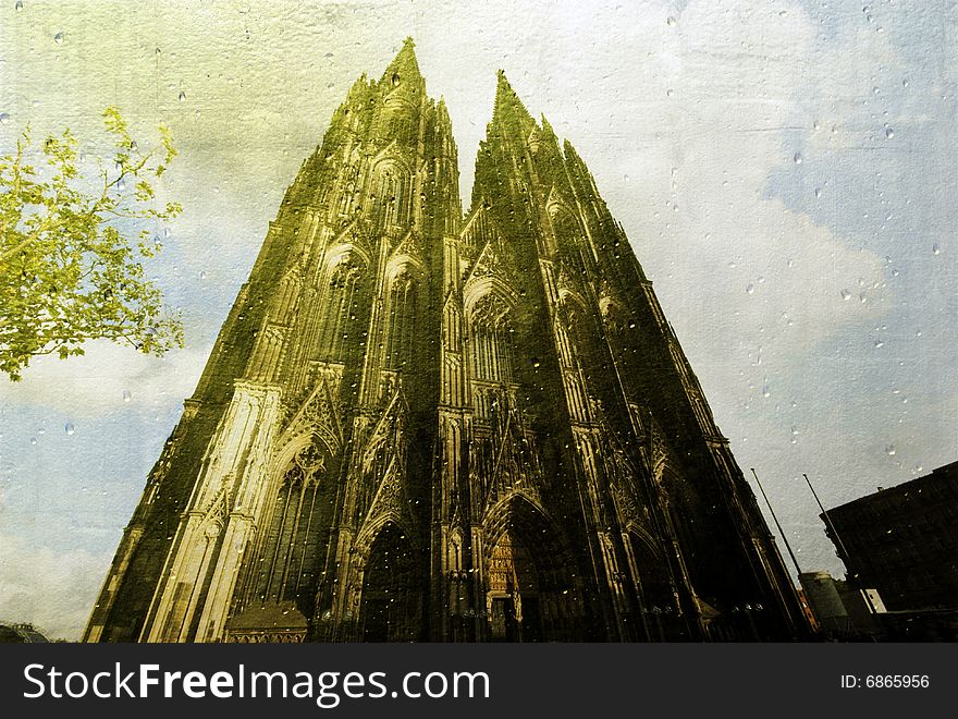 Cologne cathedral reflected in gold mirror with raindrops. Cologne cathedral reflected in gold mirror with raindrops.