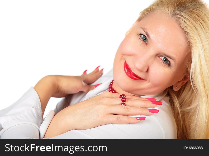 Blond middleaged woman with fingers on white