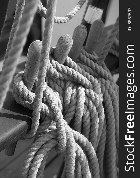 Hemp rope rigging on an 18th centurysailing ship