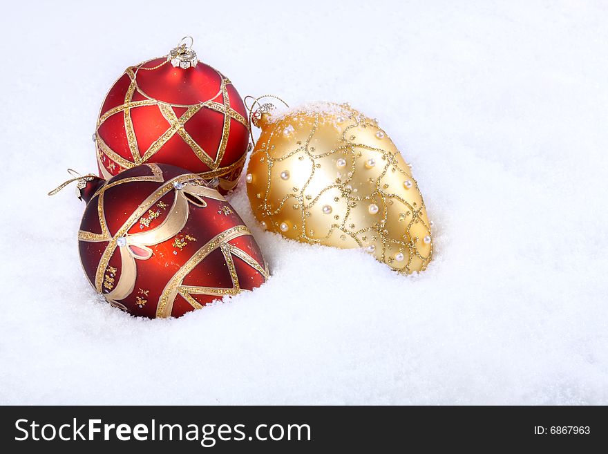 Decorative gold and red Christmas balls . Decorative gold and red Christmas balls