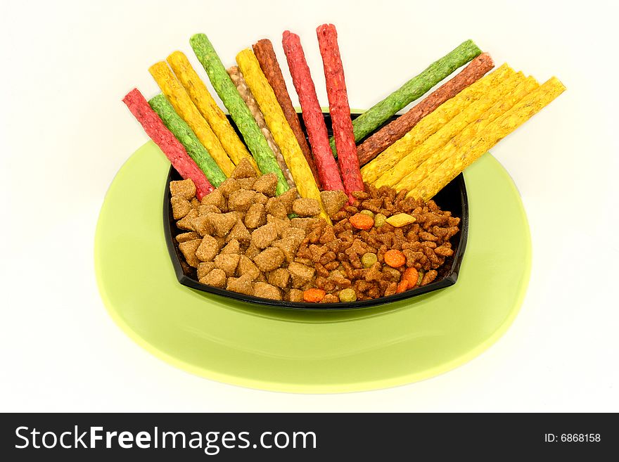 Dish full food with treats sweety sticking for dog. Dish full food with treats sweety sticking for dog