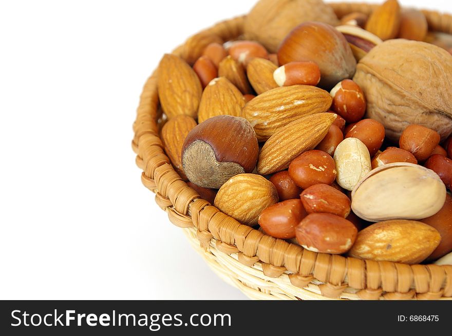 Basket of nuts isolated on white background