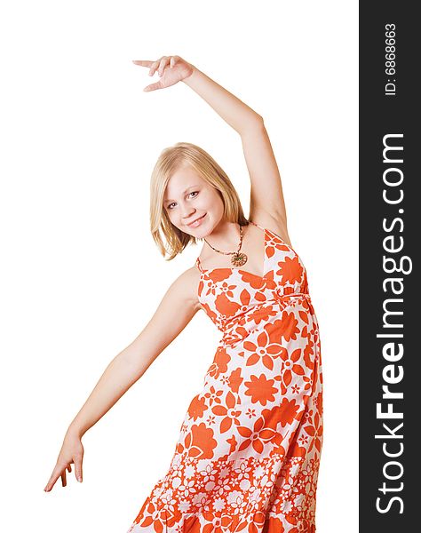 Dancing girl in red dress on white background. Dancing girl in red dress on white background