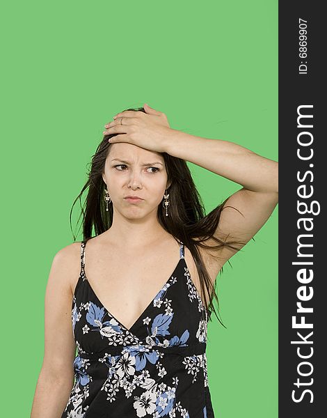Woman expression with stress over green screen