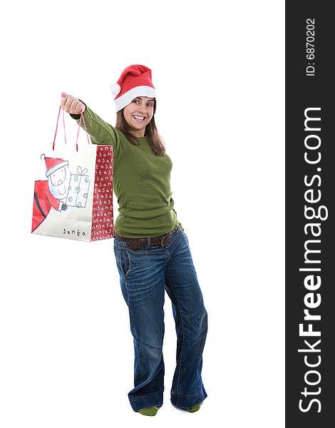 Young santa woman holiday holding present